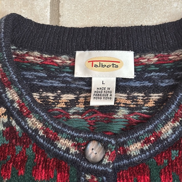 Talbot’s Large heavy wool Nordic Fair Isle red, navy green gray cardigan sweater - Picture 2 of 9